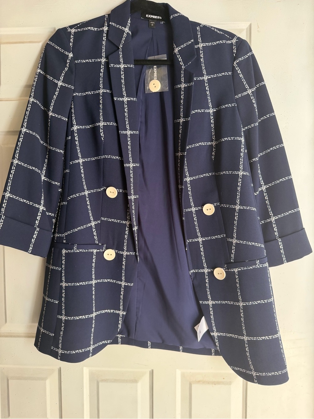 Express Navy Blazer with White Windowpane Check